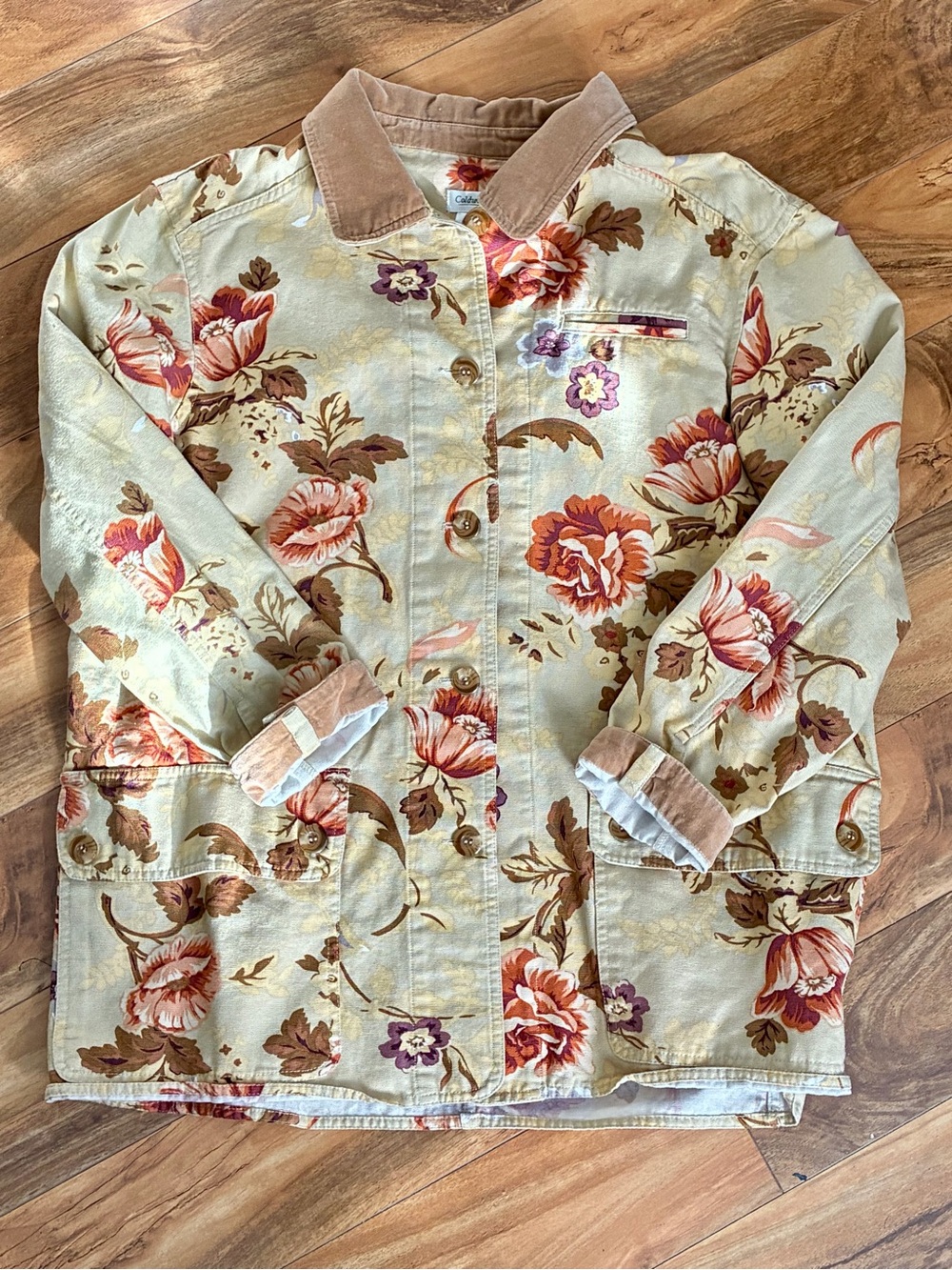 VTG Coldwater Creek CANVAS FLORAL Chore Jacket Farmhouse Velvet Trim Beige L
